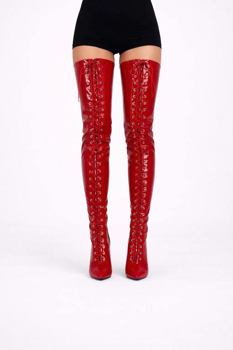Women's Red Patent Thigh High Over The Knee Front Lace Up Stiletto Boots 11720