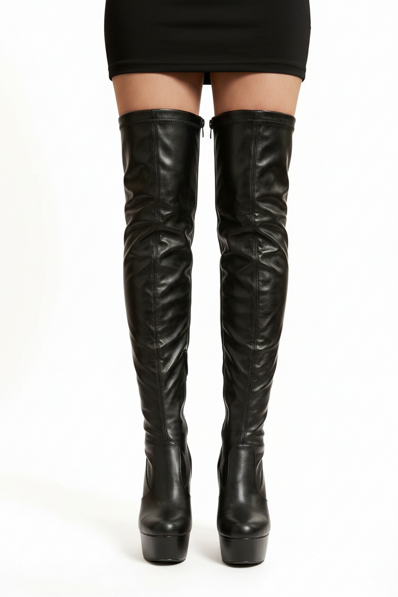 Women's Black Thigh High Over The Knee Platform Stiletto Boots Synthetic Leather Zip G-777