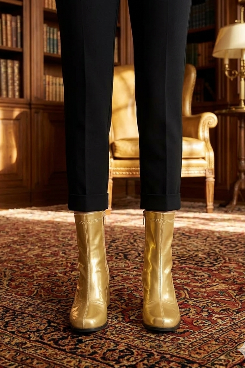 Women’s Go Go Boots Mid Calf Block Heel Zipper ankle Boot-Gold Patent G-732