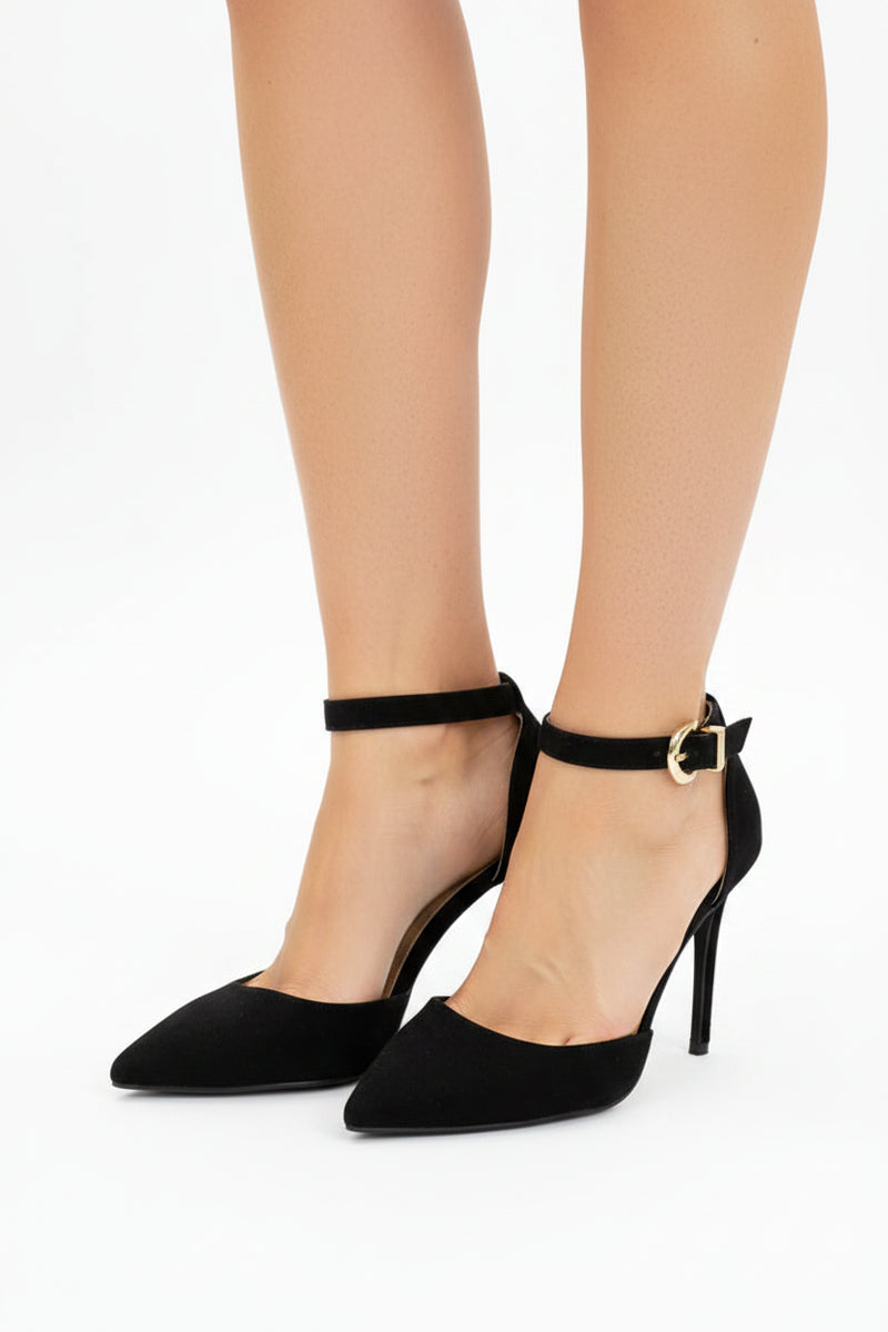 Women Pointy Toe Stiletto ankle strape court shoes Black Suede 221
