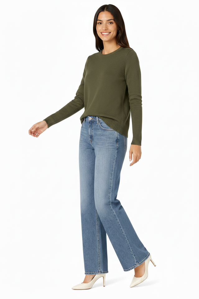 Women's 100% Cotton Crew Neck Jumper Lightweight Long Sleeve Knitted Sweater - Olive