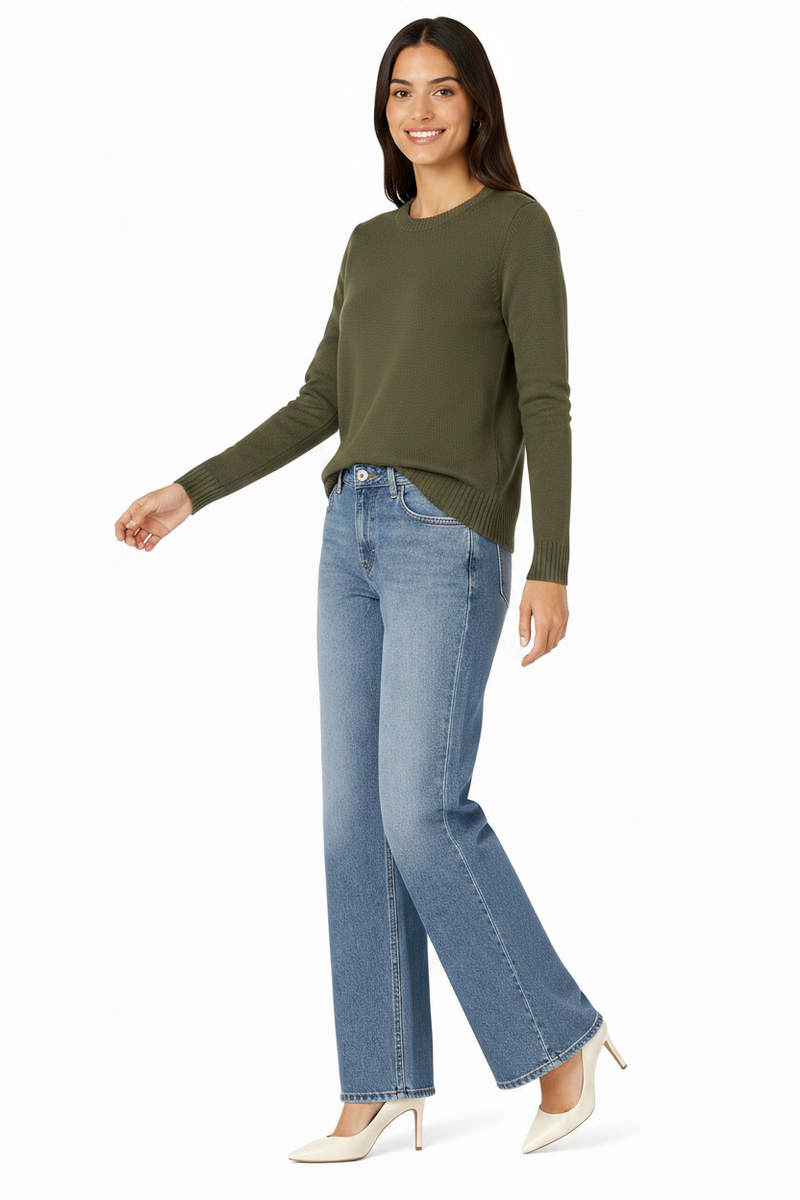 Women's 100% Cotton Crew Neck Jumper Lightweight Long Sleeve Knitted Sweater - Olive