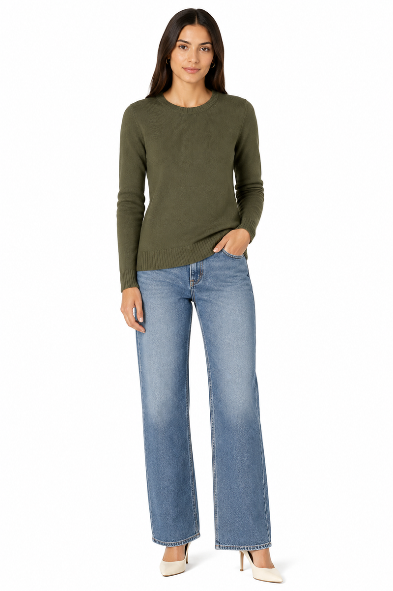 Women's 100% Cotton Crew Neck Jumper Lightweight Long Sleeve Knitted Sweater - Olive