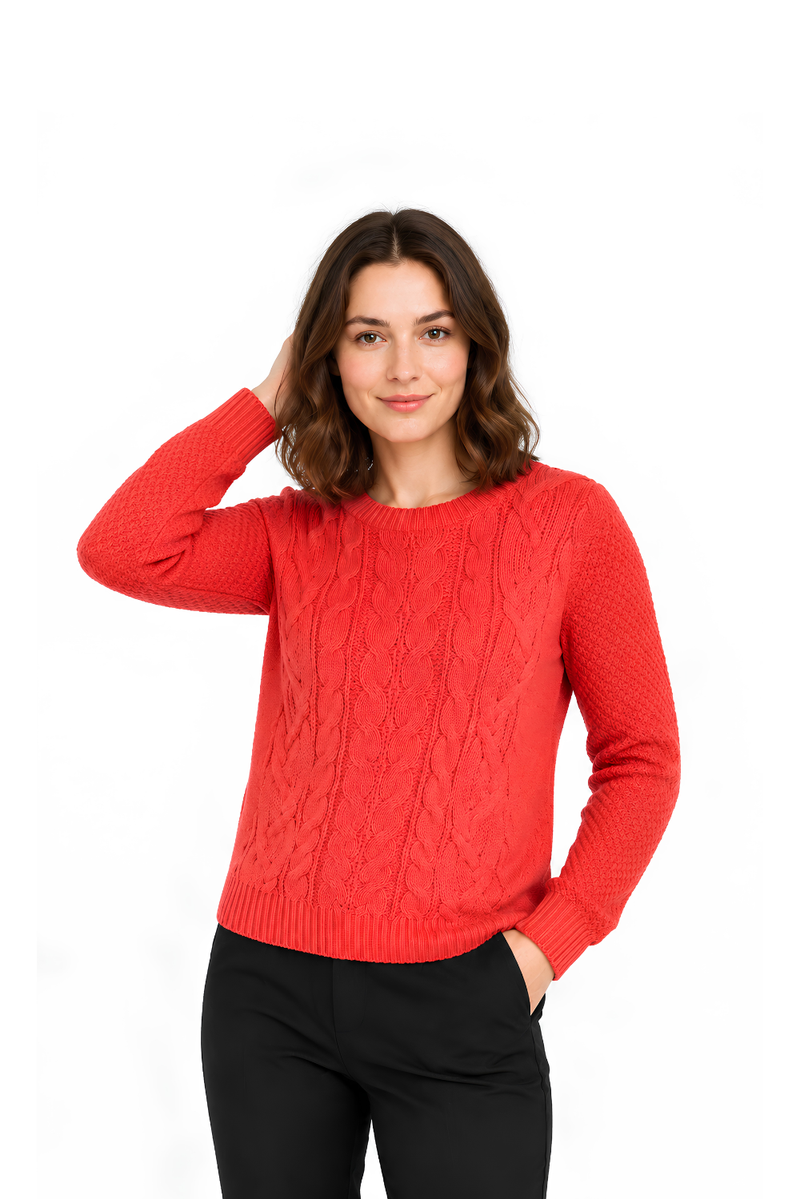 Ladies Cable Knit Crew Round Neck Long Sleeve Knitted Jumper Sweater - Fanta
