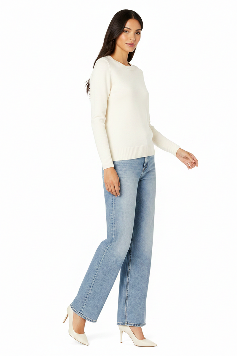 Women's 100% Cotton Crew Neck Jumper Lightweight Long Sleeve Knitted Sweater - Pale Peach