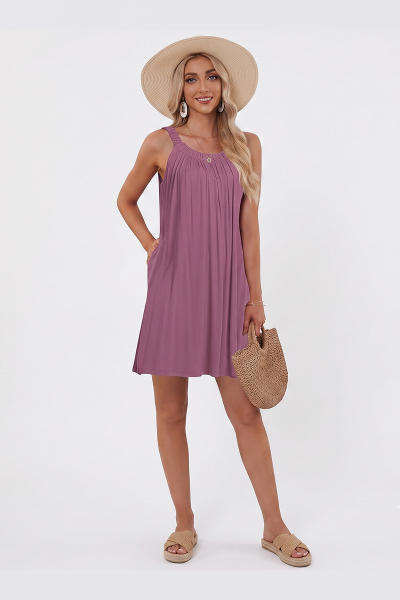 Women's Summer Sleeveless Halter Beach Dress Casual Cover Up with Pockets Flowy Sundress UK - Mauve
