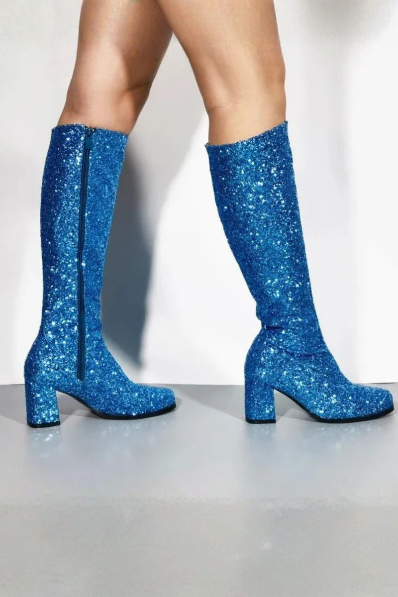 GOGO Boots 1960s & 1970s Retro Glitter Fancy Party Boots Blue G-733 Glitter