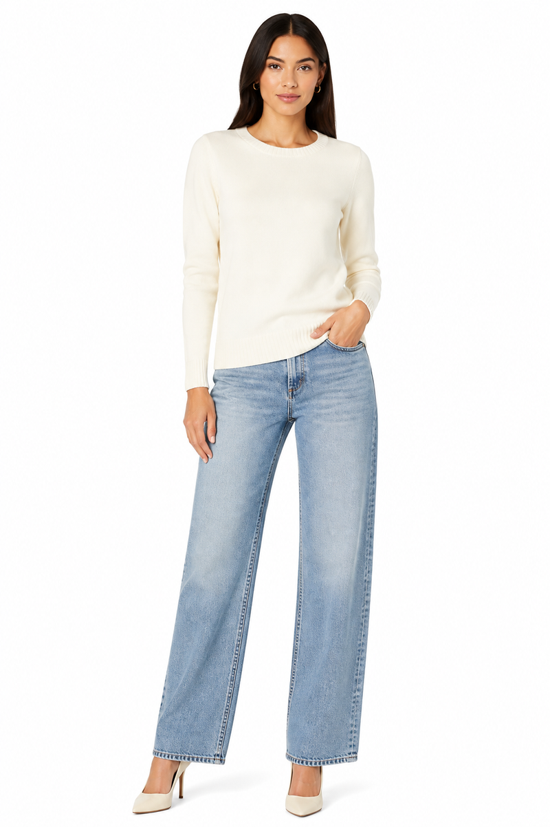 Women's 100% Cotton Crew Neck Jumper Lightweight Long Sleeve Knitted Sweater - Pale Peach