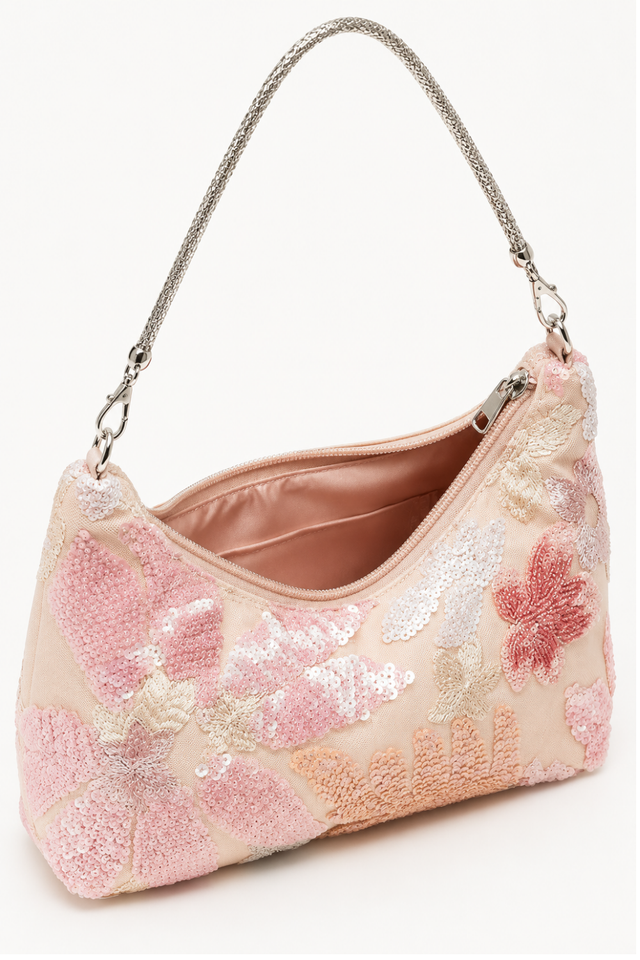 Women's Pink Beaded Sequin Floral Evening Bag Embroidered Top Handle Shoulder Handbag