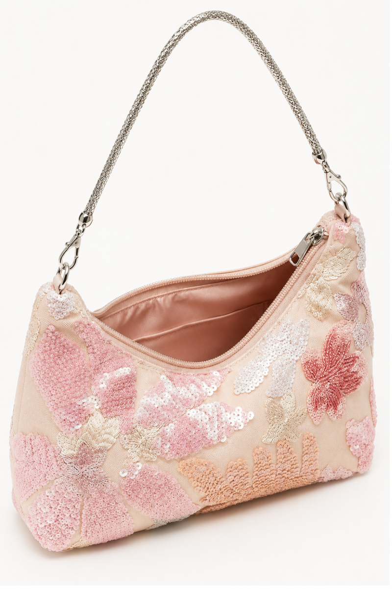 Women's Pink Beaded Sequin Floral Evening Bag Embroidered Top Handle Shoulder Handbag