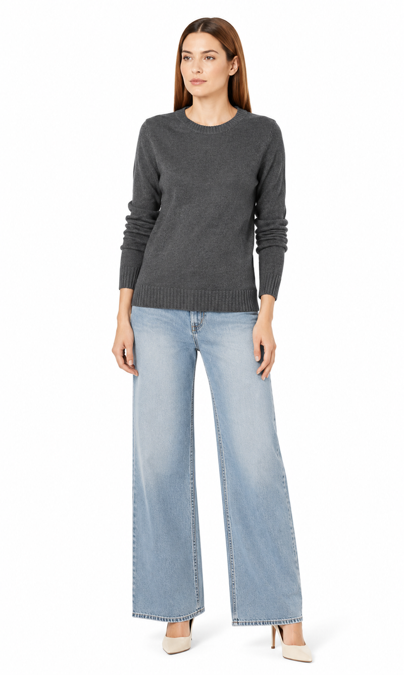 Women's 100% Cotton Crew Neck Jumper Lightweight Long Sleeve Knitted Sweater - Charcoal Heather
