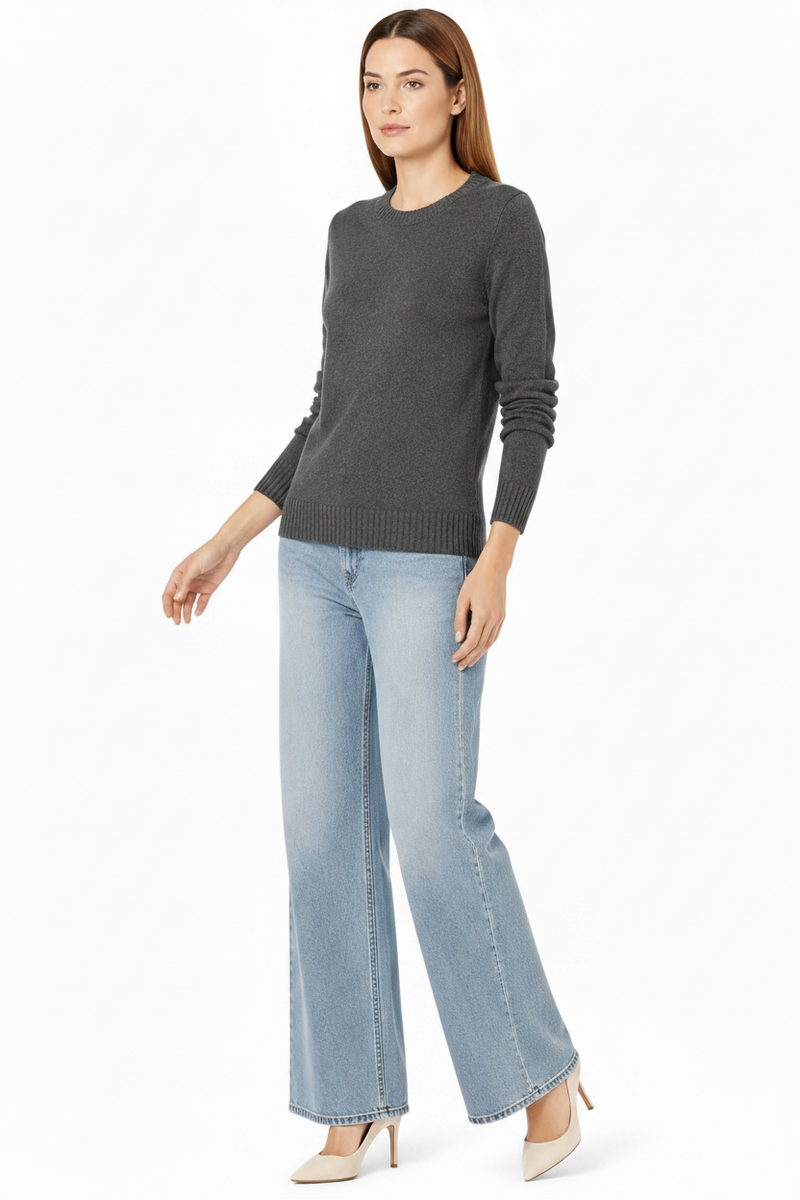 Women's 100% Cotton Crew Neck Jumper Lightweight Long Sleeve Knitted Sweater - Charcoal Heather