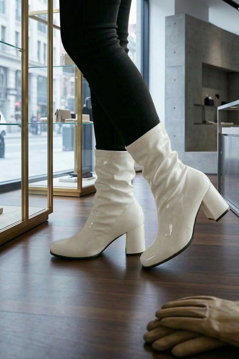Women’s Go Go Boots Mid Calf Block Heel Zipper White ankle Boot G-732