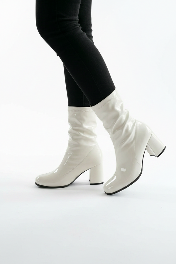 Women’s Go Go Boots Mid Calf Block Heel Zipper White ankle Boot G-732