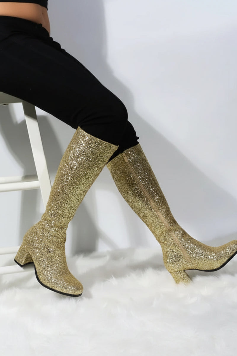 GOGO Boots 1960s & 1970s Retro Glitter Dancer Women Costume Heels Shoes Boots Golden GoGo boots
