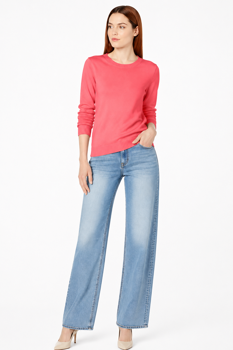 Women's 100% Cotton Crew Neck Jumper Lightweight Long Sleeve Knitted Sweater - Coral Pink