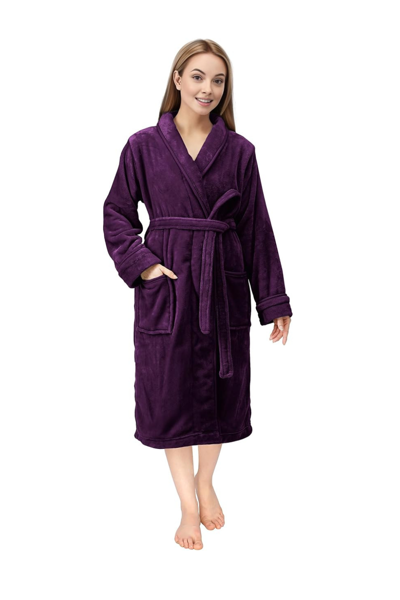 Luxury Fluffy Fleece Dressing Gown Womens Shawl Collar Soft Plush Bathrobe Warm Loungewear Robe - Plum