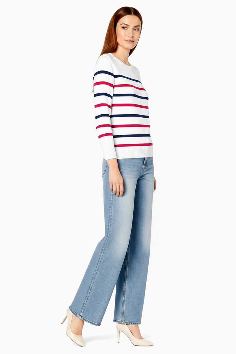 Women's 100% Cotton Crew Neck Jumper Lightweight Long Sleeve Knitted Sweater - Navy Red White Stripes