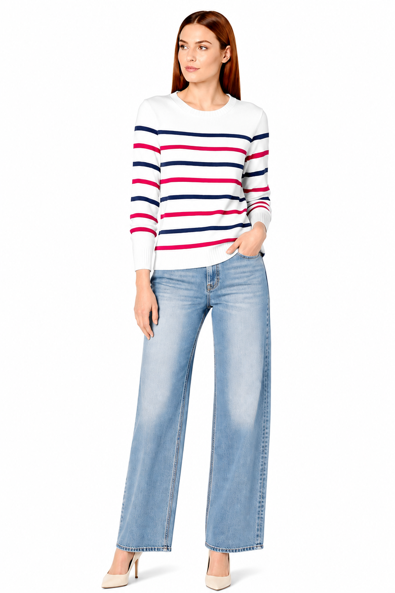 Women's 100% Cotton Crew Neck Jumper Lightweight Long Sleeve Knitted Sweater - Navy Red White Stripes