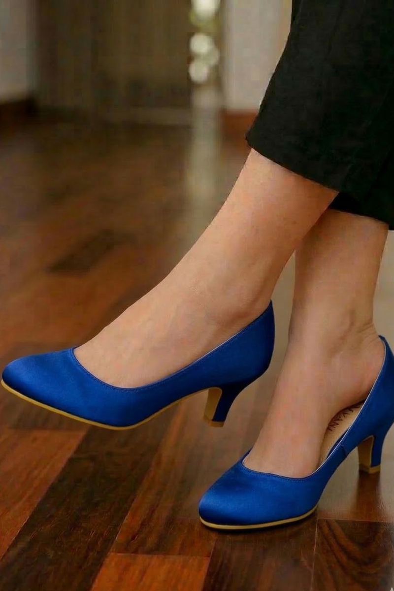 Women Round Toe Kitten Heel Shoes Navy Satin G-20