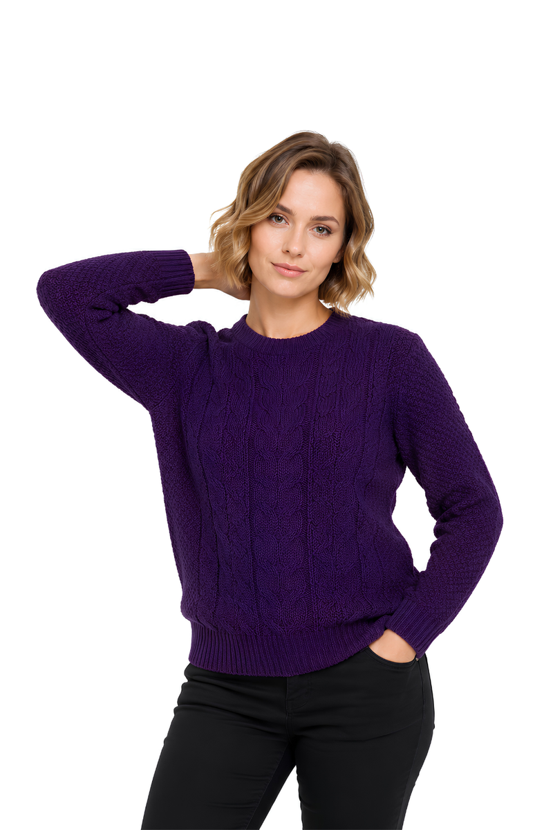 Ladies Cable Knit Crew Round Neck Long Sleeve Knitted Jumper Sweater - Purple