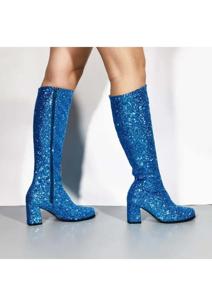 GOGO Boots 1960s & 1970s Retro Glitter Fancy Party Boots Blue G-733 Glitter