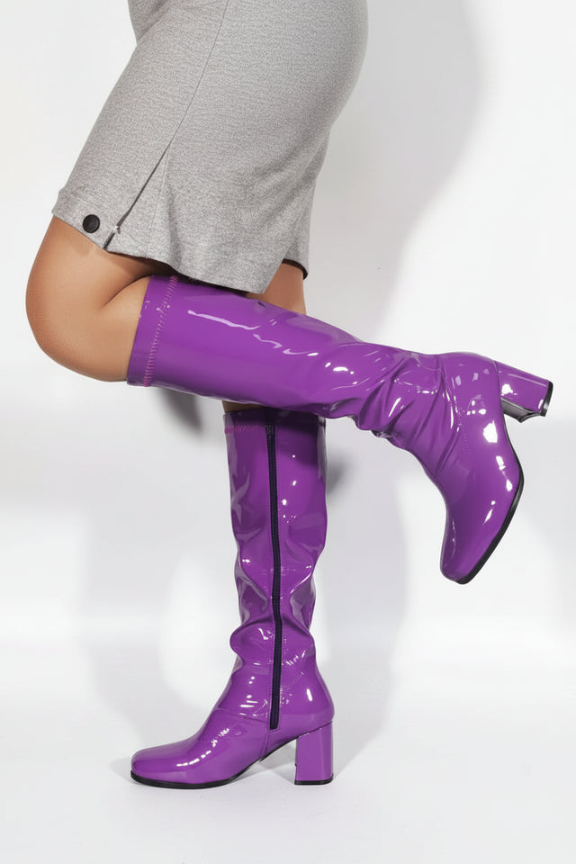 Ladies Women Fancy Dress Party GO GO Boots 1960s & 1970s Purple Patent G-733