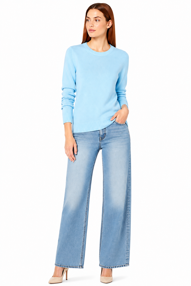 Women's 100% Cotton Crew Neck Jumper Lightweight Long Sleeve Knitted Sweater - Sky Blue