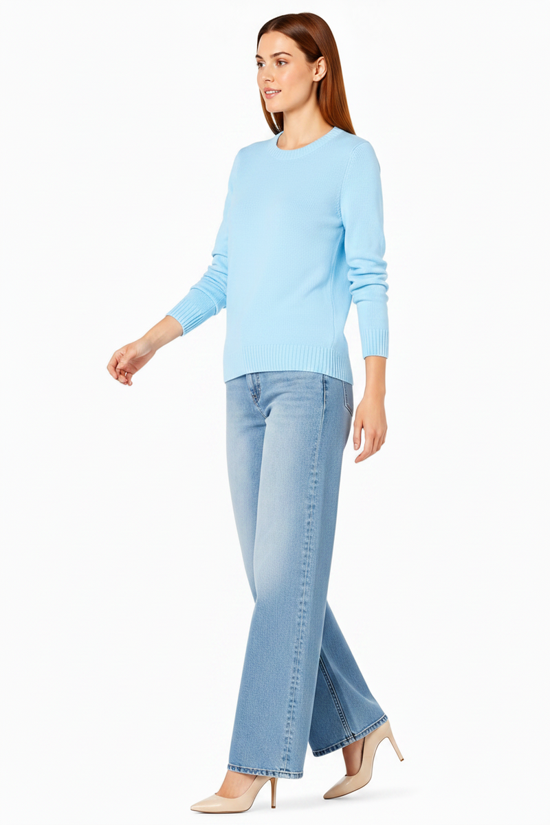 Women's 100% Cotton Crew Neck Jumper Lightweight Long Sleeve Knitted Sweater - Sky Blue
