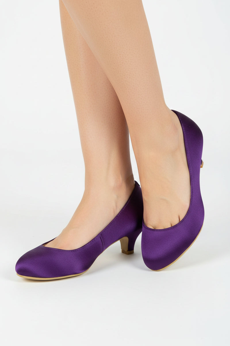 Women Round Toe Kitten Heel Shoes Purple Satin G-20