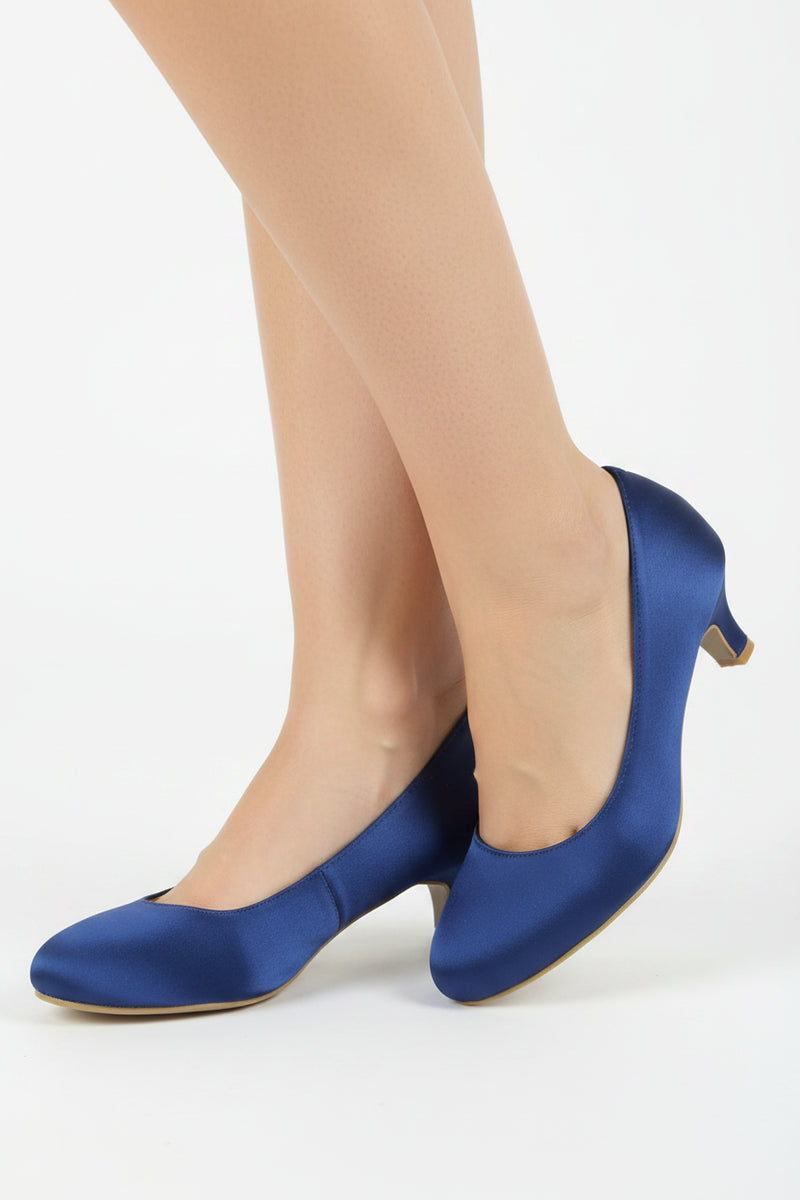 Women Round Toe Kitten Heel Shoes Navy Satin G-20