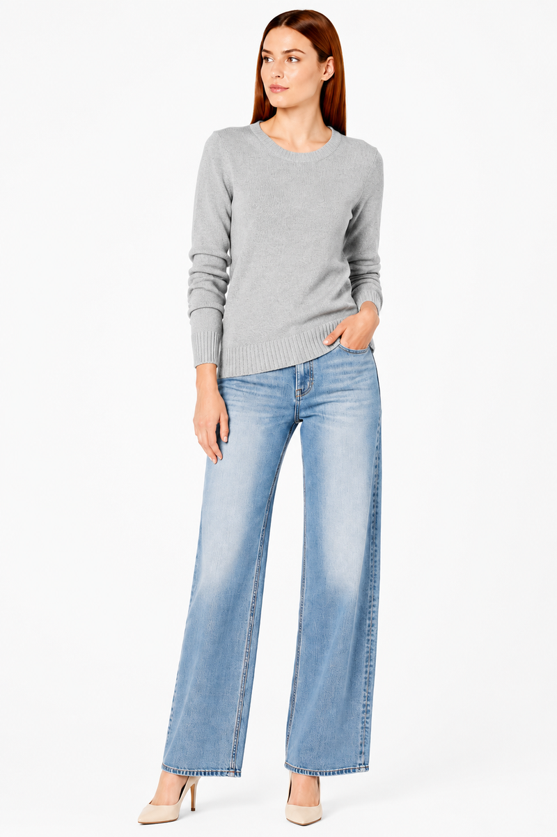 Women's 100% Cotton Crew Neck Jumper Lightweight Long Sleeve Knitted Sweater - Light Grey Heather