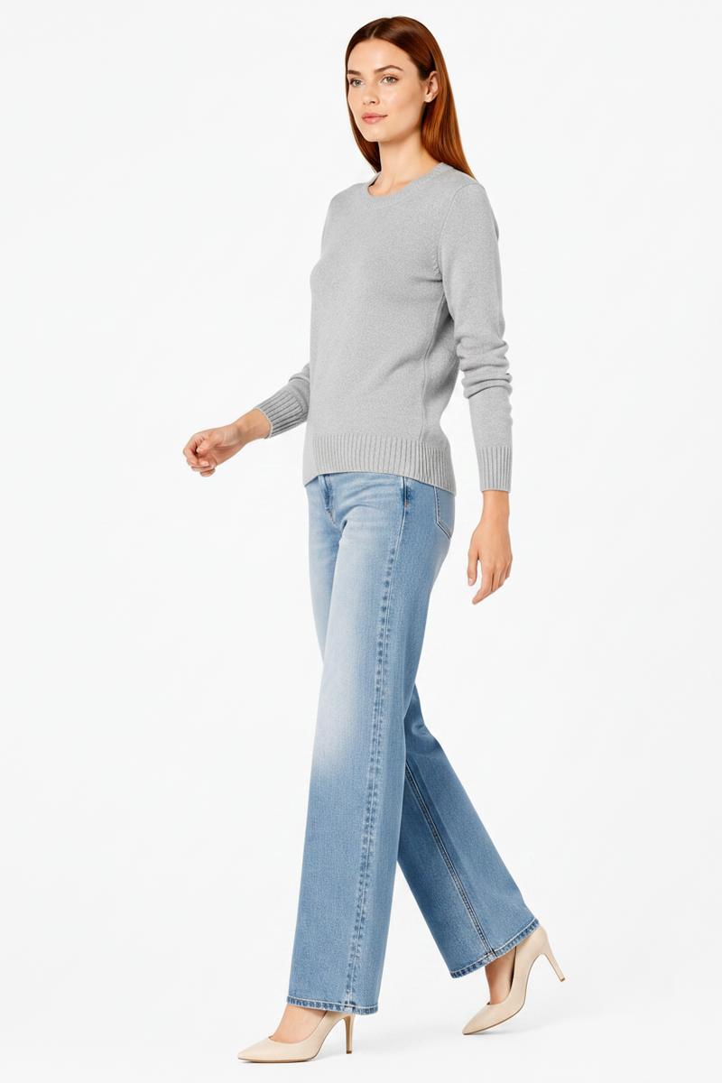 Women's 100% Cotton Crew Neck Jumper Lightweight Long Sleeve Knitted Sweater - Light Grey Heather