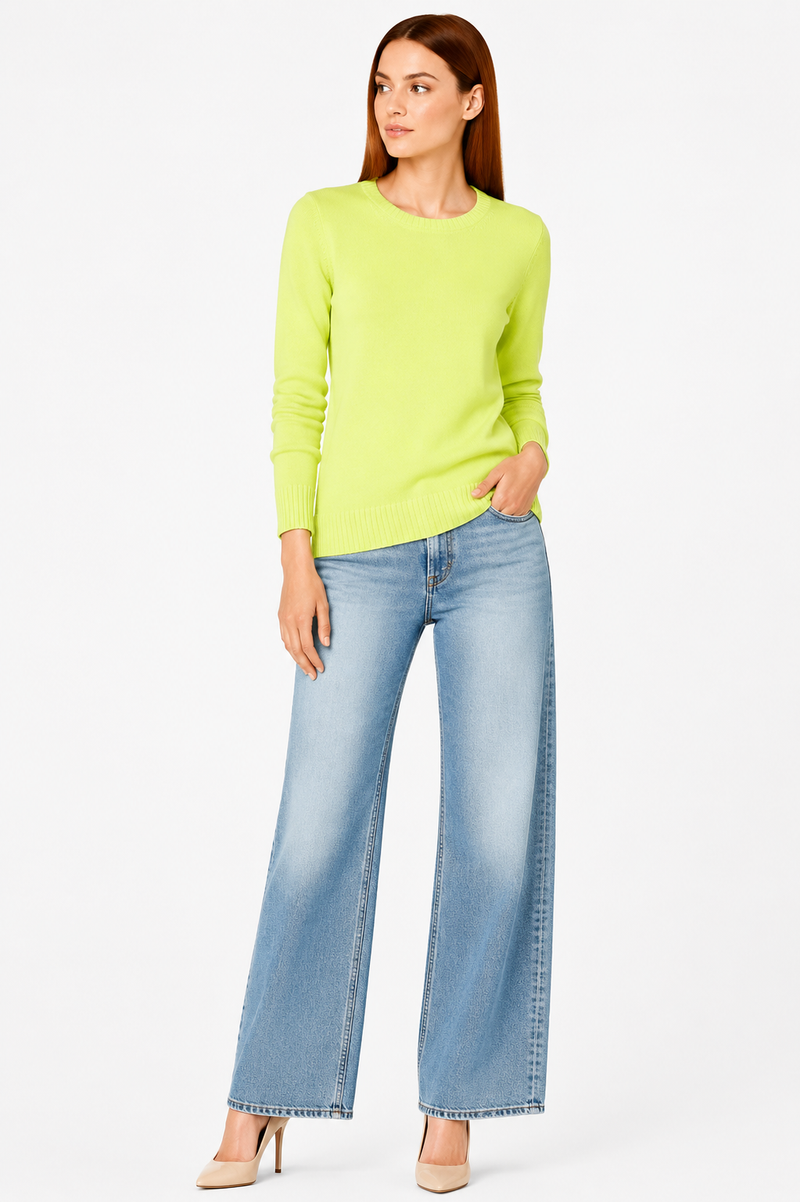 Women's 100% Cotton Crew Neck Jumper Lightweight Long Sleeve Knitted Sweater - Lime Green