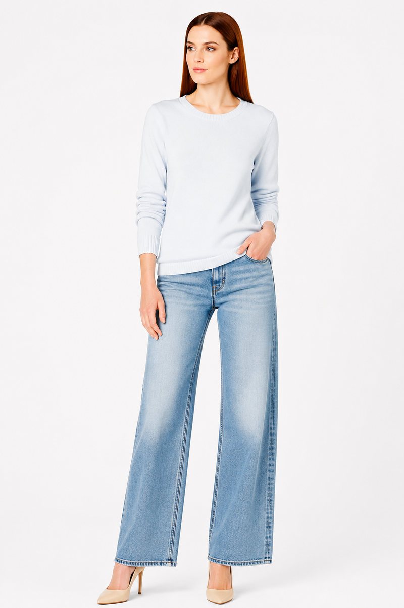 Women's 100% Cotton Crew Neck Jumper Lightweight Long Sleeve Knitted Sweater - Light Blue