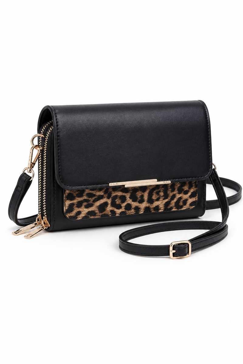 Women's PU Leather Crossbody Phone Bag with Card Holder & Adjustable Strap-Black/Leopard Print