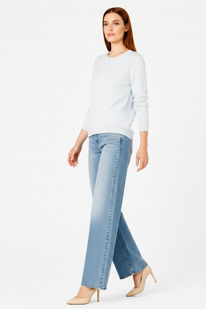Women's 100% Cotton Crew Neck Jumper Lightweight Long Sleeve Knitted Sweater - Light Blue