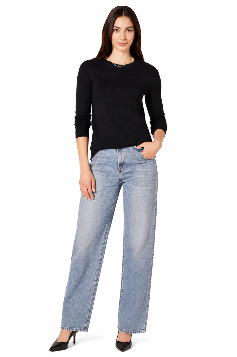 Women's 100% Cotton Crew Neck Jumper Lightweight Long Sleeve Knitted Sweater - Black