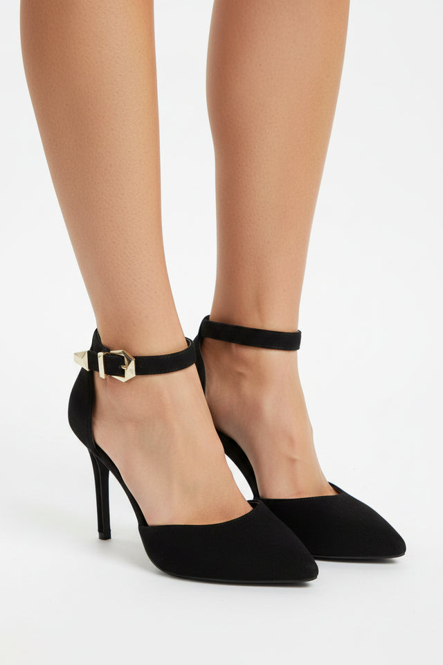 Women's Black Suede Ankle Strap Stiletto Court Shoes Pointed Toe 221