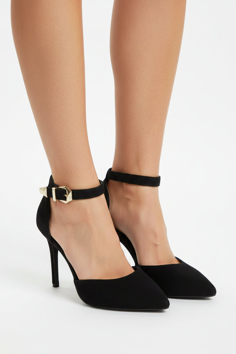 Women's Black Suede Ankle Strap Stiletto Court Shoes Pointed Toe 221