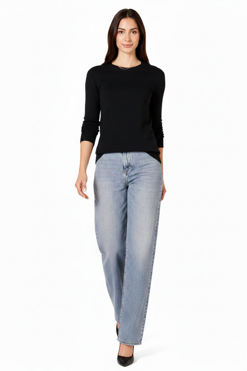 Women's 100% Cotton Crew Neck Jumper Lightweight Long Sleeve Knitted Sweater - Black