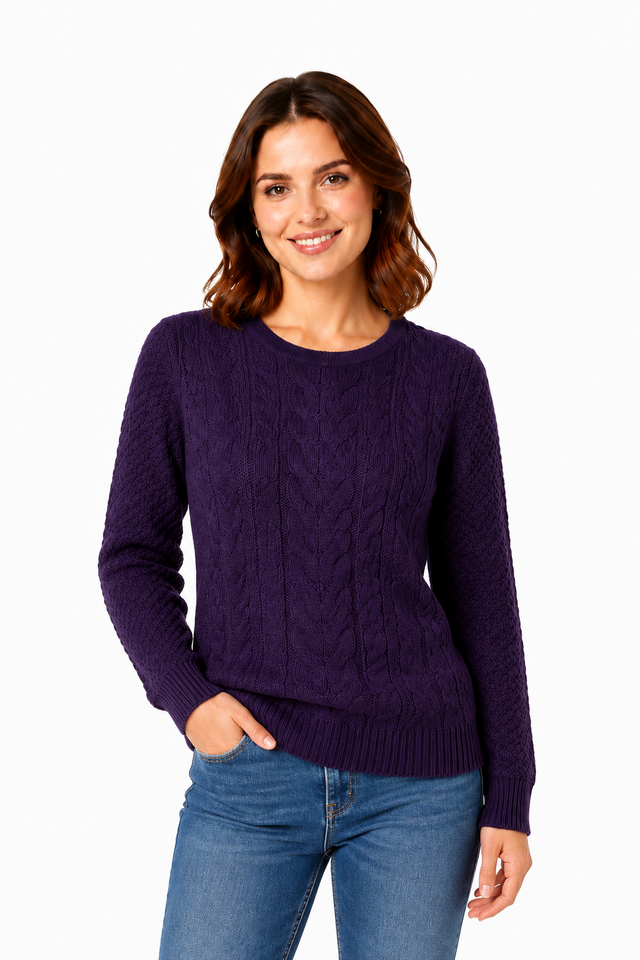 Ladies Cable Knit Crew Round Neck Long Sleeve Knitted Jumper Sweater - Navy