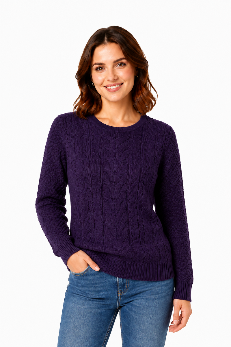 Ladies Cable Knit Crew Round Neck Long Sleeve Knitted Jumper Sweater - Navy