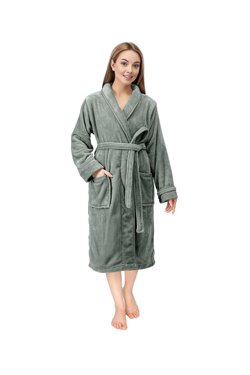 Luxury Fluffy Fleece Dressing Gown Womens Shawl Collar Soft Plush Bathrobe Warm Loungewear Robe - Steel Grey