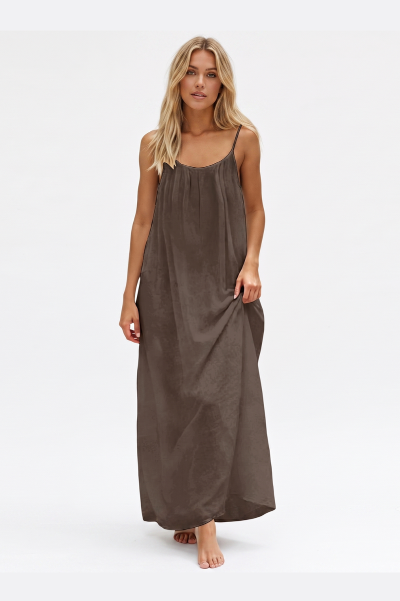 Women's Summer Backless Cami Maxi Dress Sleeveless Flowy Beach Sundress with Adjustable Spaghetti Straps - Coffee