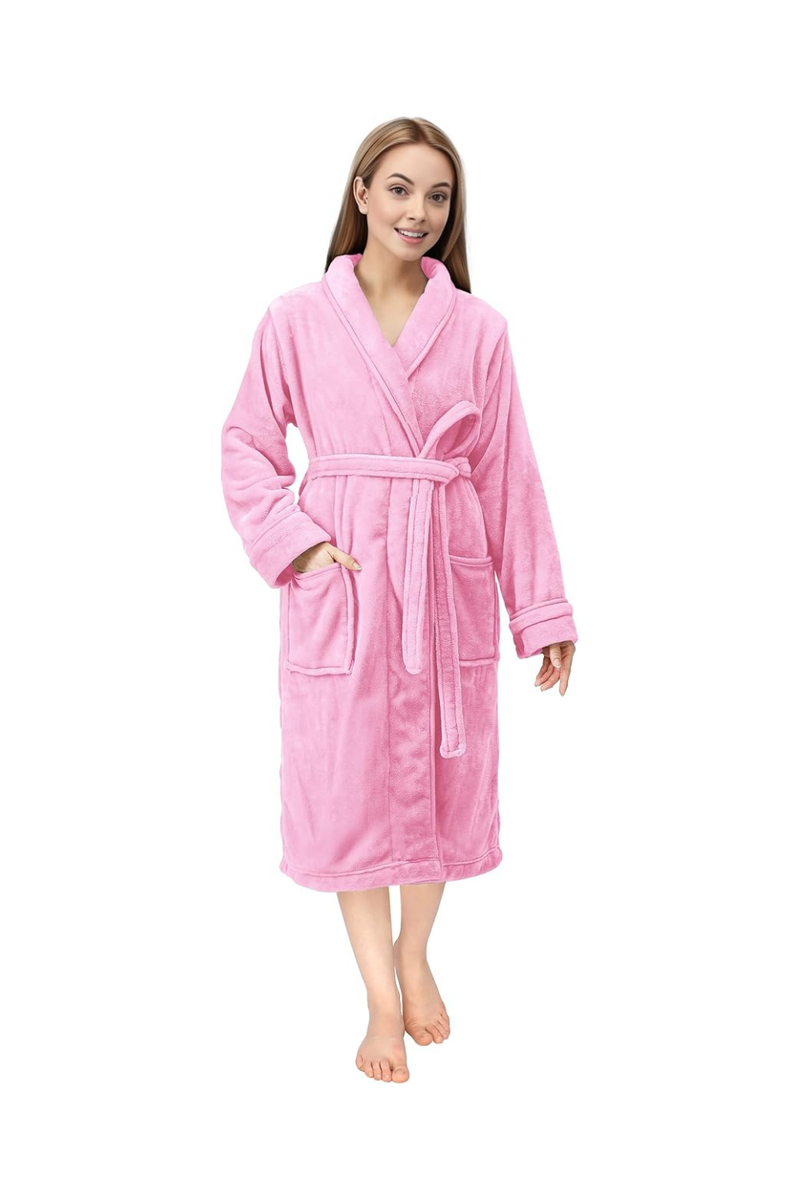 Luxury Fluffy Fleece Dressing Gown Womens Shawl Collar Soft Plush Bathrobe Warm Loungewear Robe - Pink