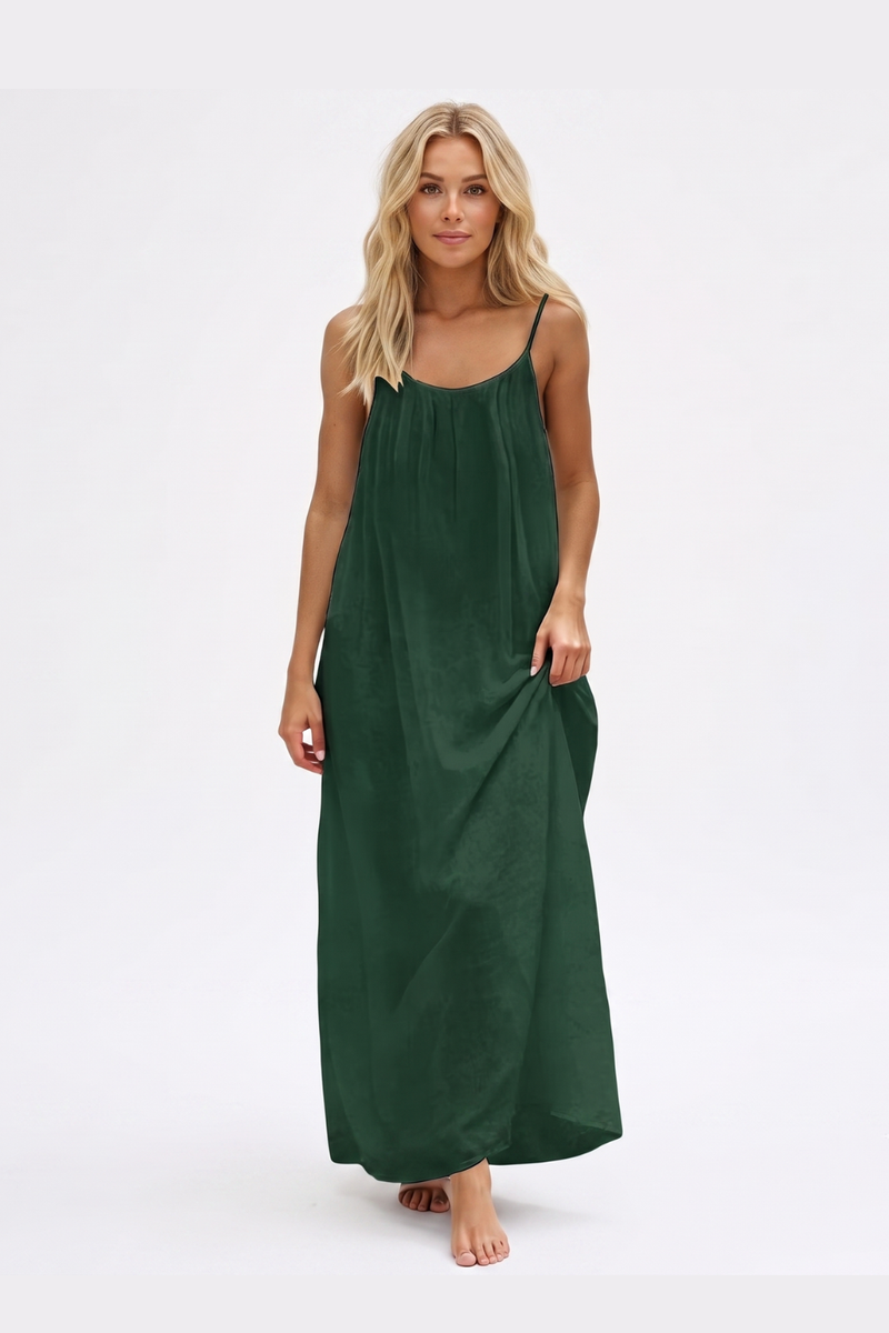 Women's Summer Backless Cami Maxi Dress Sleeveless Flowy Beach Sundress with Adjustable Spaghetti Straps - Dark Green