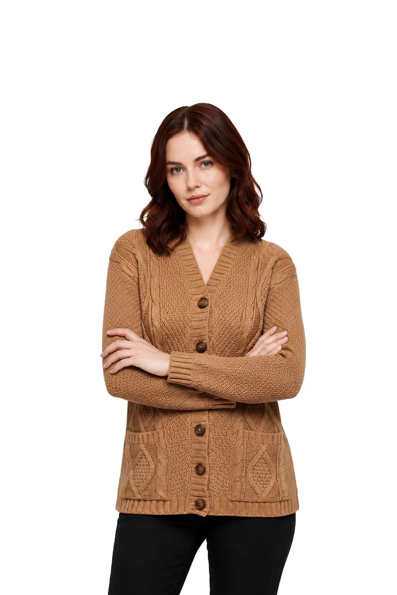 Women's Long Sleeve Button Front Chunky Aran Cable Knit Grandad Cardigan Sweater - Mocha
