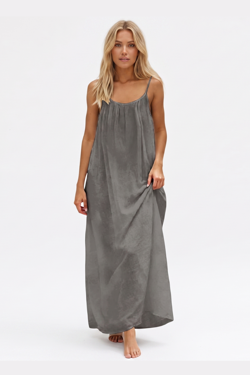 Women's Summer Backless Cami Maxi Dress Sleeveless Flowy Beach Sundress with Adjustable Spaghetti Straps - Grey