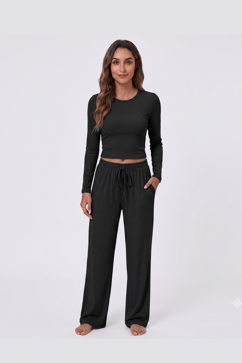 Women's 2 Piece Lounge Set Long Sleeve Top Wide Leg Drawstring Trousers Tracksuit with Pockets-Black